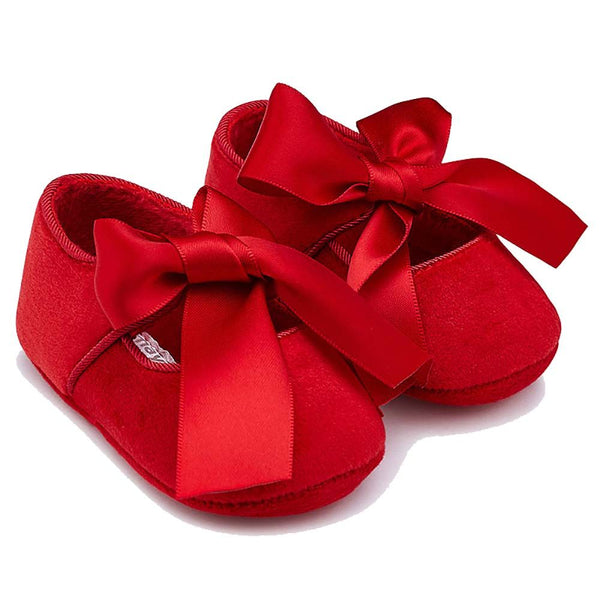 Mayoral Red Mary Jane prams shoes with red tie satin bow.