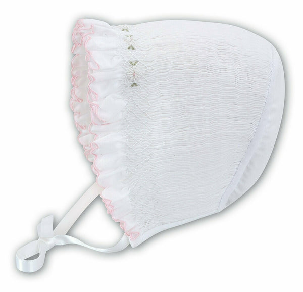 Sarah Louise White/Baby Pink Smocked Bonnet, Sun Hat - 003602