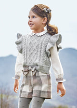 Long sleeve knitted embroidered blouse And Check Short Set girl 4190