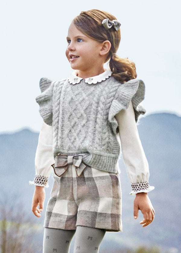 Long sleeve knitted embroidered blouse And Check Short Set girl 4190