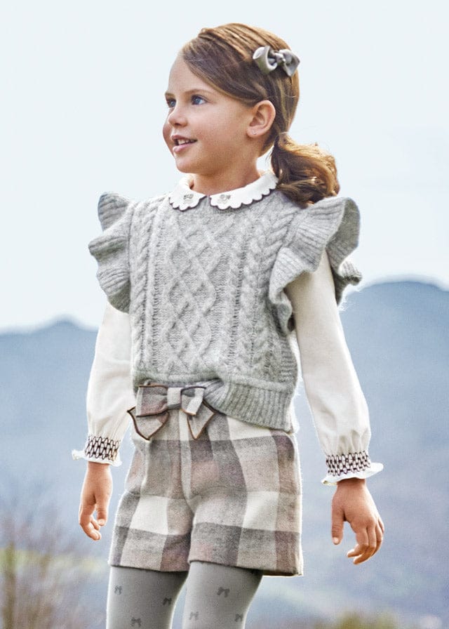 Long sleeve knitted embroidered blouse And Check Short Set girl 4190