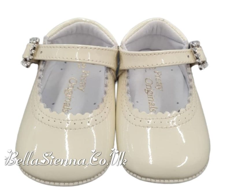 Pretty Originals Ivory Patent Leather Pram Shoes With Diamate Buckle - UE02191A