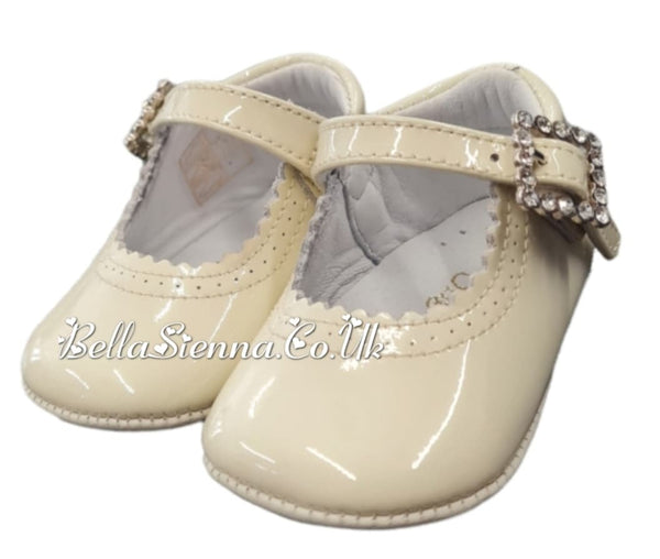 Pretty Originals Ivory Patent Leather Pram Shoes With Diamate Buckle - UE02191A