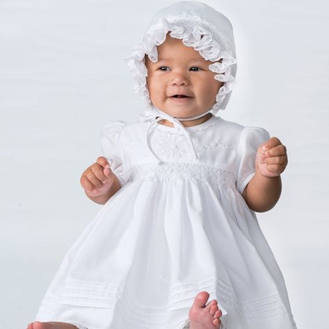 010645 - Sarah Louise White Hand Smocked Dress & Matching Bonnet, Perfect For Special Occasion or Christening