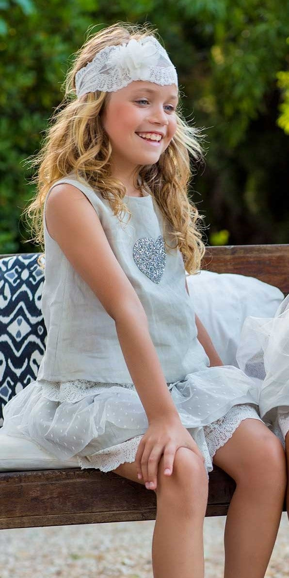 Tutto Piccolo Stone & Ivory Linen Skirt Set With Beautiful Detail - 4740