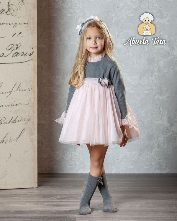 Abuela Tata Pink & Grey Tulle Dress With Bow On The Back - 2599326