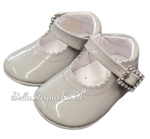 Pretty Originals Grey Patent Leather Pram Shoes With Diamate Buckle - UE02191A