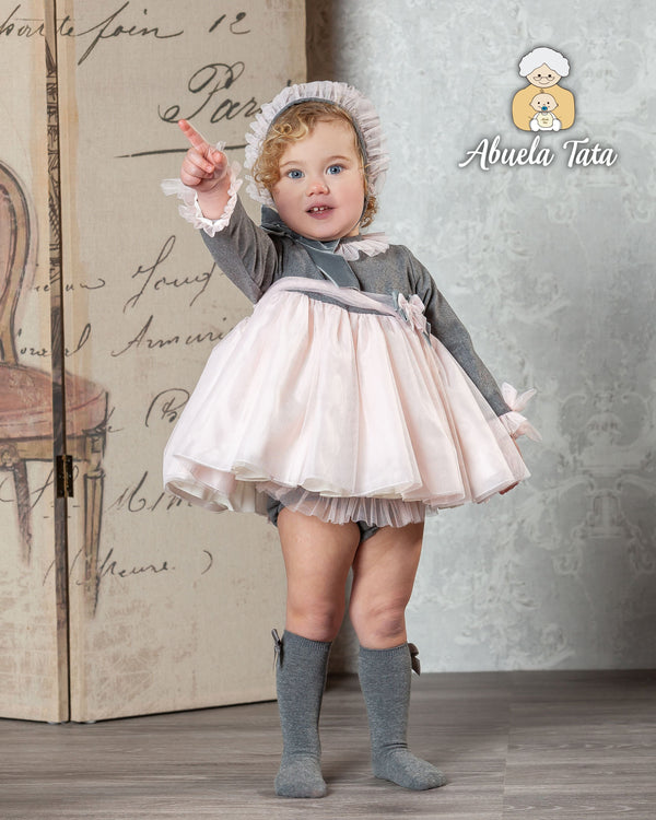 Abuela Tata Grey & Pink Dress Pants & Bonnet Set With Tulle & Bow On The Back - 1299326