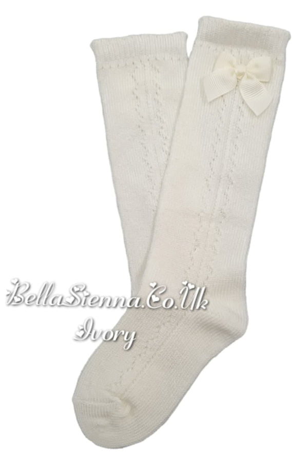 Dolce Petit Girls White Side Openwork Bow Knee High Socks