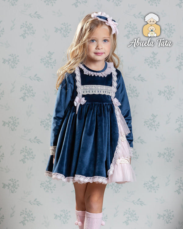Abuela Tata Navy Blue Velvet Dress With Pink Bows - 2503332