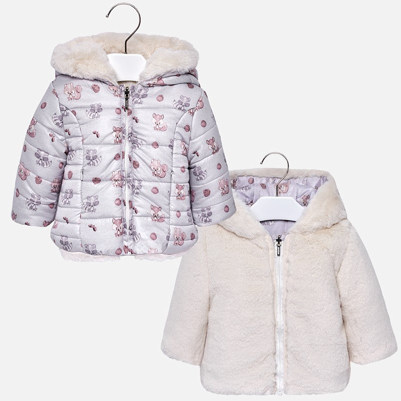 Mayoral Girls Reversible Winter Coat, Squirrel design or ivory fur -2490