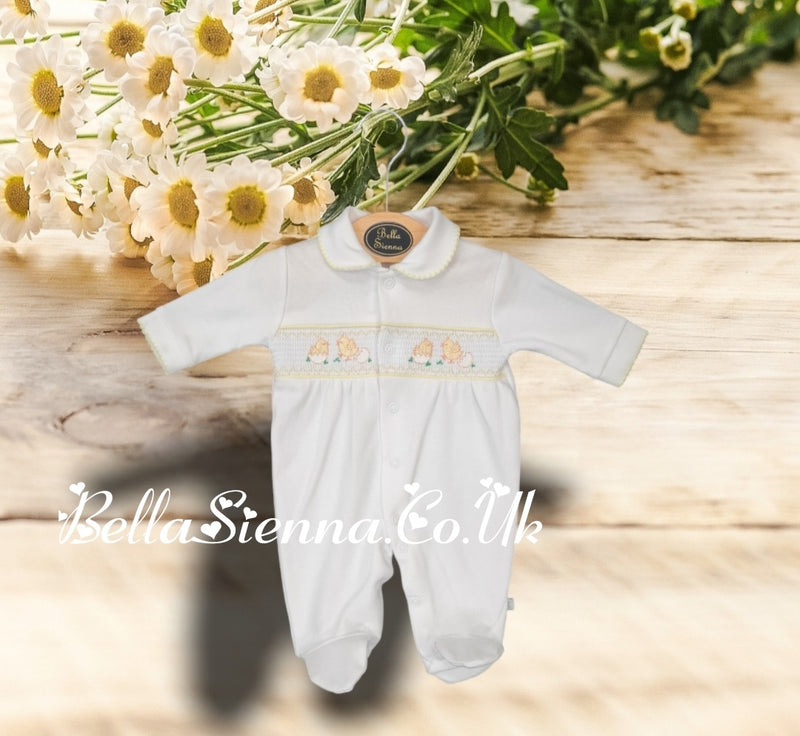 Unisex Dandelion AV6129W Chicks Smocked Cotton Sleepsuit, Babygrow, Easter