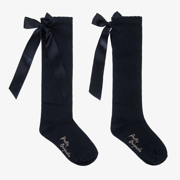 Pretty Originals Black Satin Bow Knee Socks - SC40301
