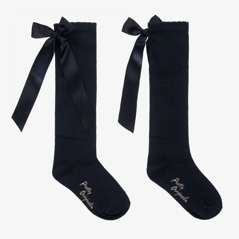 Pretty Originals Black Satin Bow Knee Socks - SC40301