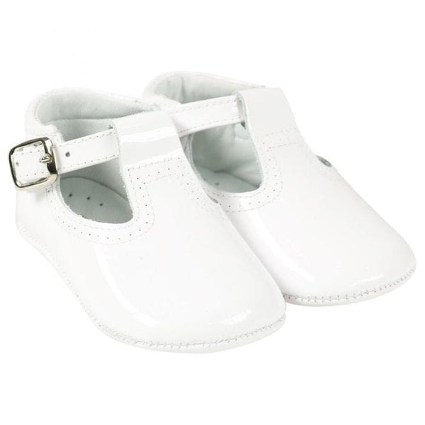 Pretty Originals Unisex White Patent Leather Soft Sole T-Bar Pram Shoes - UE03180 UL