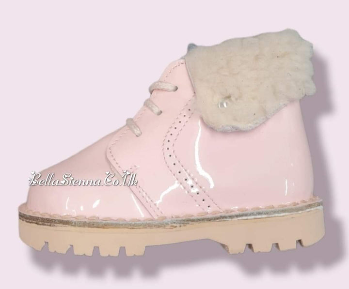 Pretty Originals Pink Patent Leather Boots With Ivory Faux Furr Trim - UP418