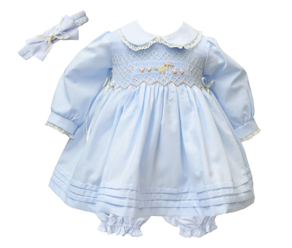 Pretty Originals Girls Baby Blue & Cream Smocked Dress, Bloomers & Headband - MT02259