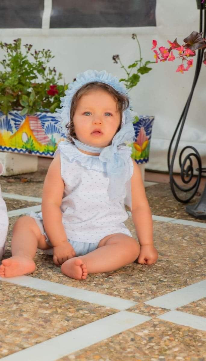 Babine White & Blue Dress & Pants Set With Matching Bonnet - 2322036