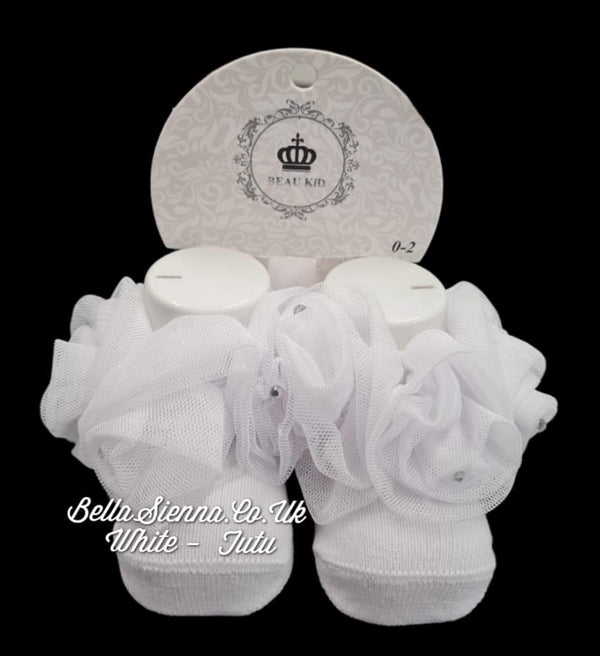 Beau Kid White Tutu Ankle Socks With Diamante