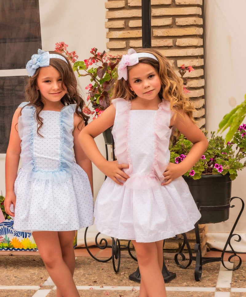 Babine White & Blue Dress With Tulle & Big Bow On The Back - 2322823
