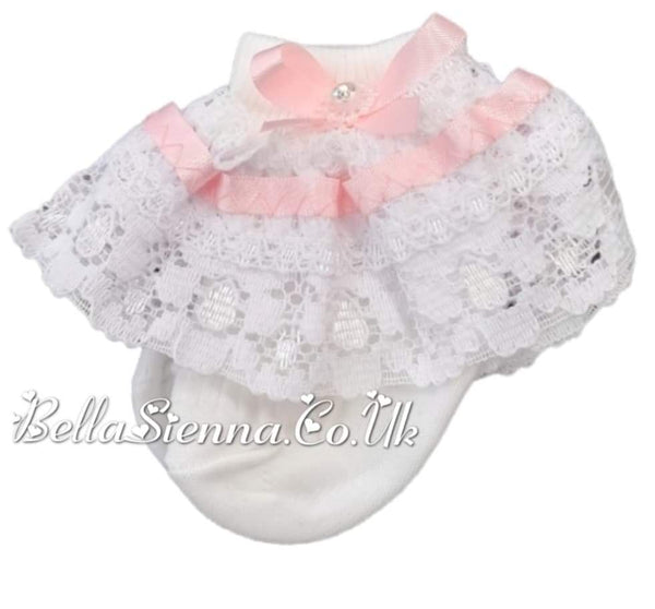 Girls White & Pink Frilly Ankle Socks