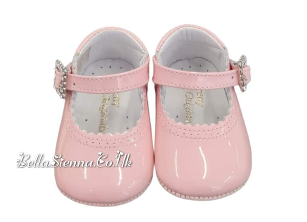 Pretty Originals Pink Patent Leather Pram Shoes With Diamate Buckle - UE02191A