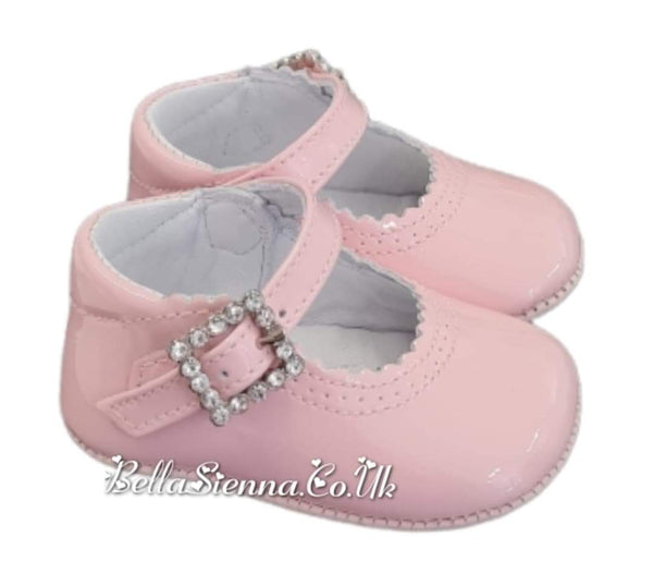 Pretty Originals Pink Patent Leather Pram Shoes With Diamate Buckle - UE02191A