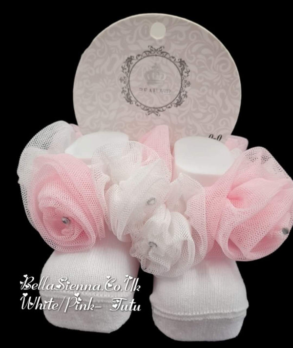 Beau Kid White & Pink Tutu Ankle Socks With Diamante