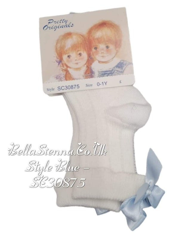 Pretty Originals White Ankle Socks With Blue Bows - SC30875