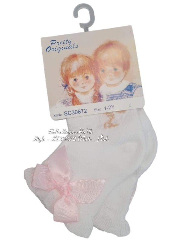 Pretty Originals White Ankle Socks With Pink Bows - SC30872
