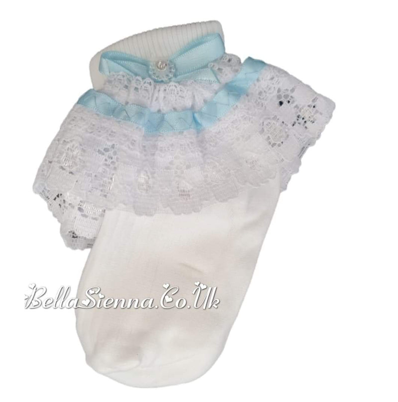 Girls White & Blue Frilly Ankle Socks