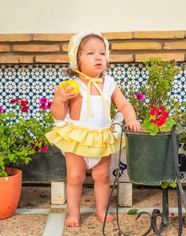 Babine White & Yellow/Lemon Romper & Matching Bonnet - 2322107