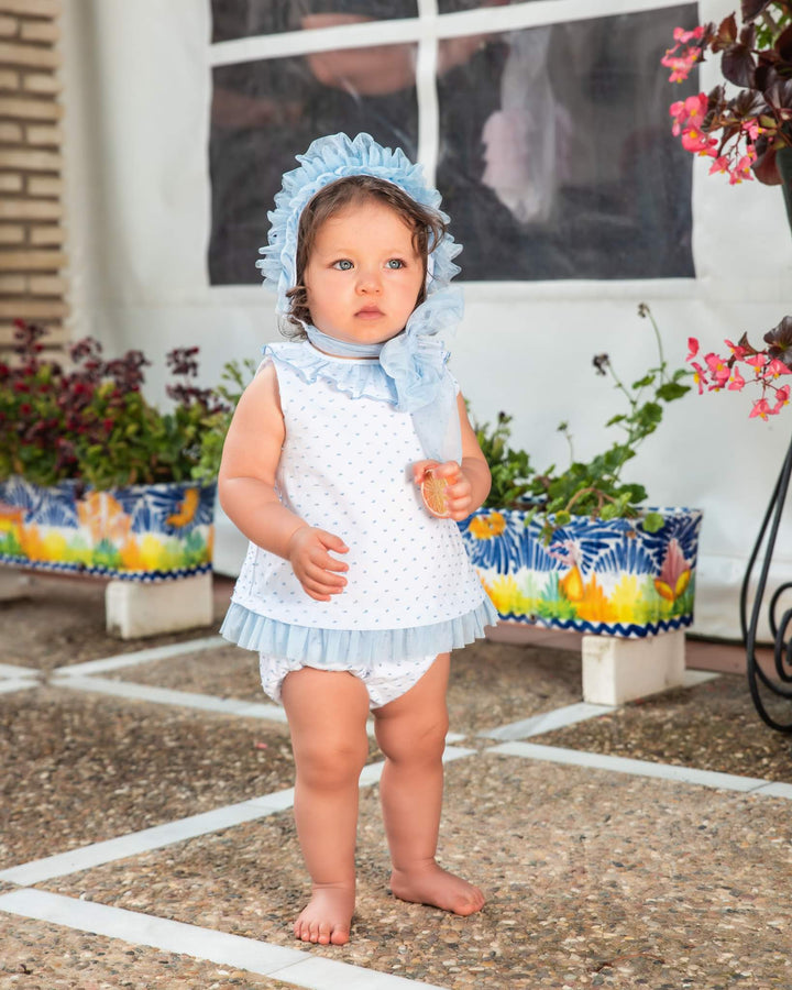 Babine White & Blue Dress & Pants Set With Matching Bonnet - 2322036