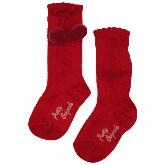 Pretty Originals Unisex Red Pom Pom Knee High Socks SP50201