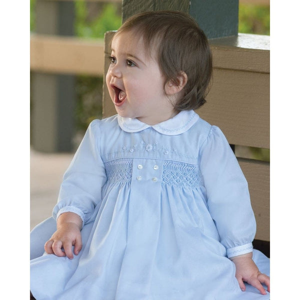 Sarah Louise Blue & White Hand Smocked Dress With Collar - 011277