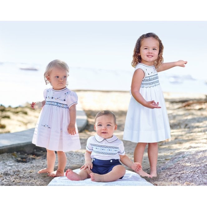 Sarah Louise White, Blue, Navy & Yellow Smocked Dress - 012298