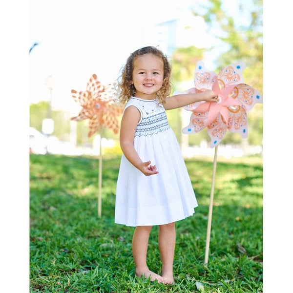 Sarah Louise White, Blue, Navy & Yellow Smocked Dress - 012298