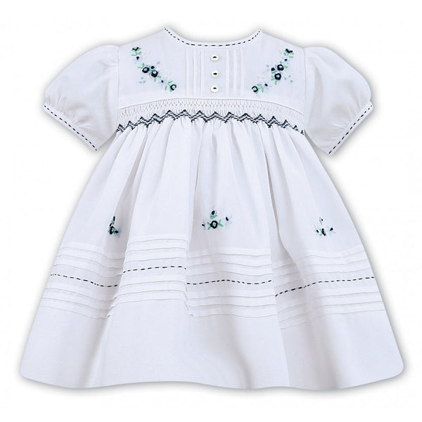 Sarah Louise Girls White with Navy Smocked Bodice Dress C7103