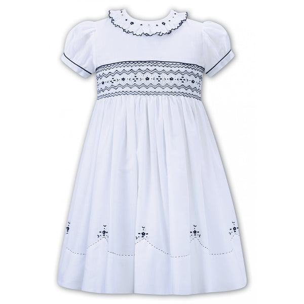 Sarah Louise White & Navy Smocked Dress - 012276