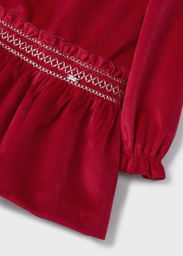 Mayoral Red Velvet Smocked Detail Dress - 2938