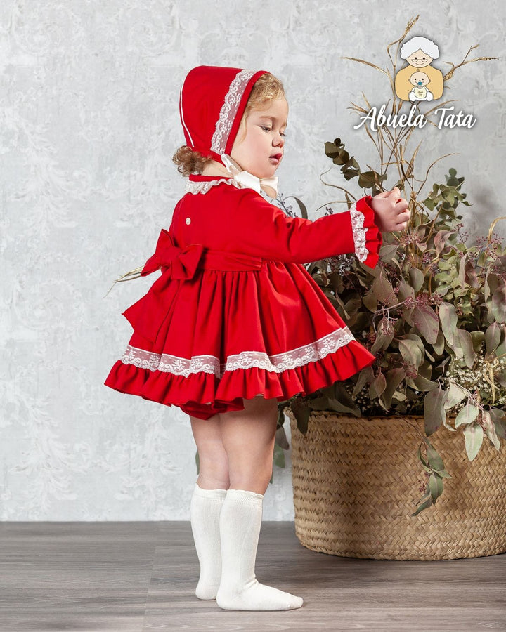 Abuela Tata Red & Cream Christmas Dress Pants & Bonnet Set - 1299331