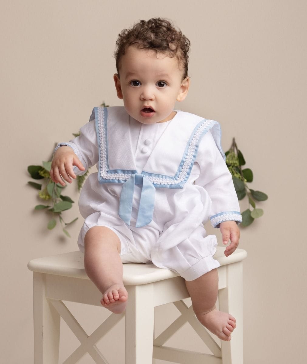 Baby Boys White Blue Christening Outfit And Matching Hat