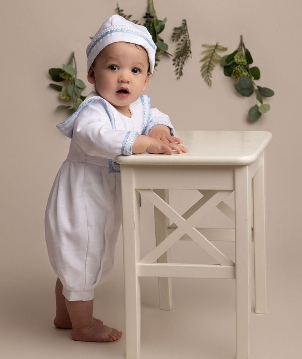 Baby Boys White & Blue Christening Outfit And Matching Hat - William