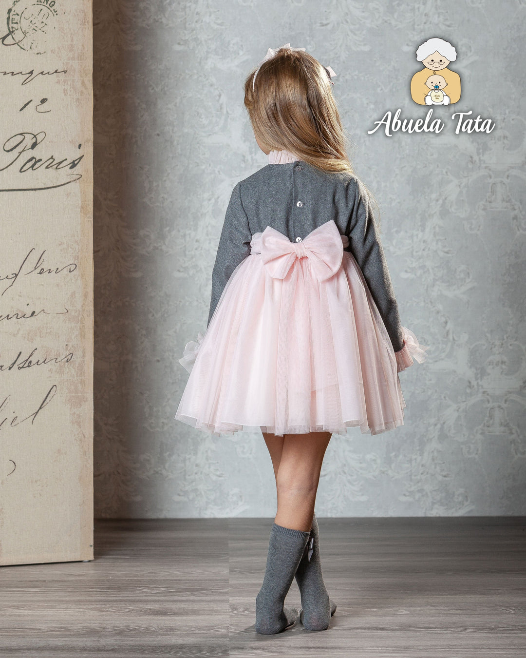 Abuela Tata Pink & Grey Tulle Dress With Bow On The Back - 2599326